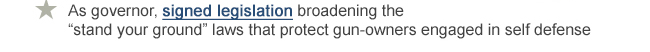 As governor, signed legislation broadening the stand your ground laws that protect gun-owners engaged in self defense