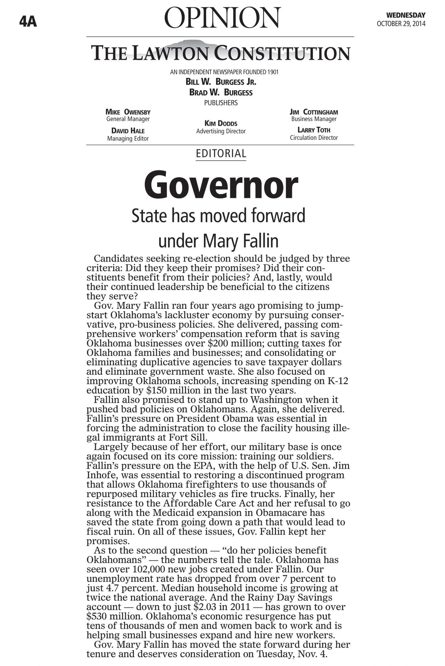 The Lawton Constitution Endorses Mary Fallin for Governor